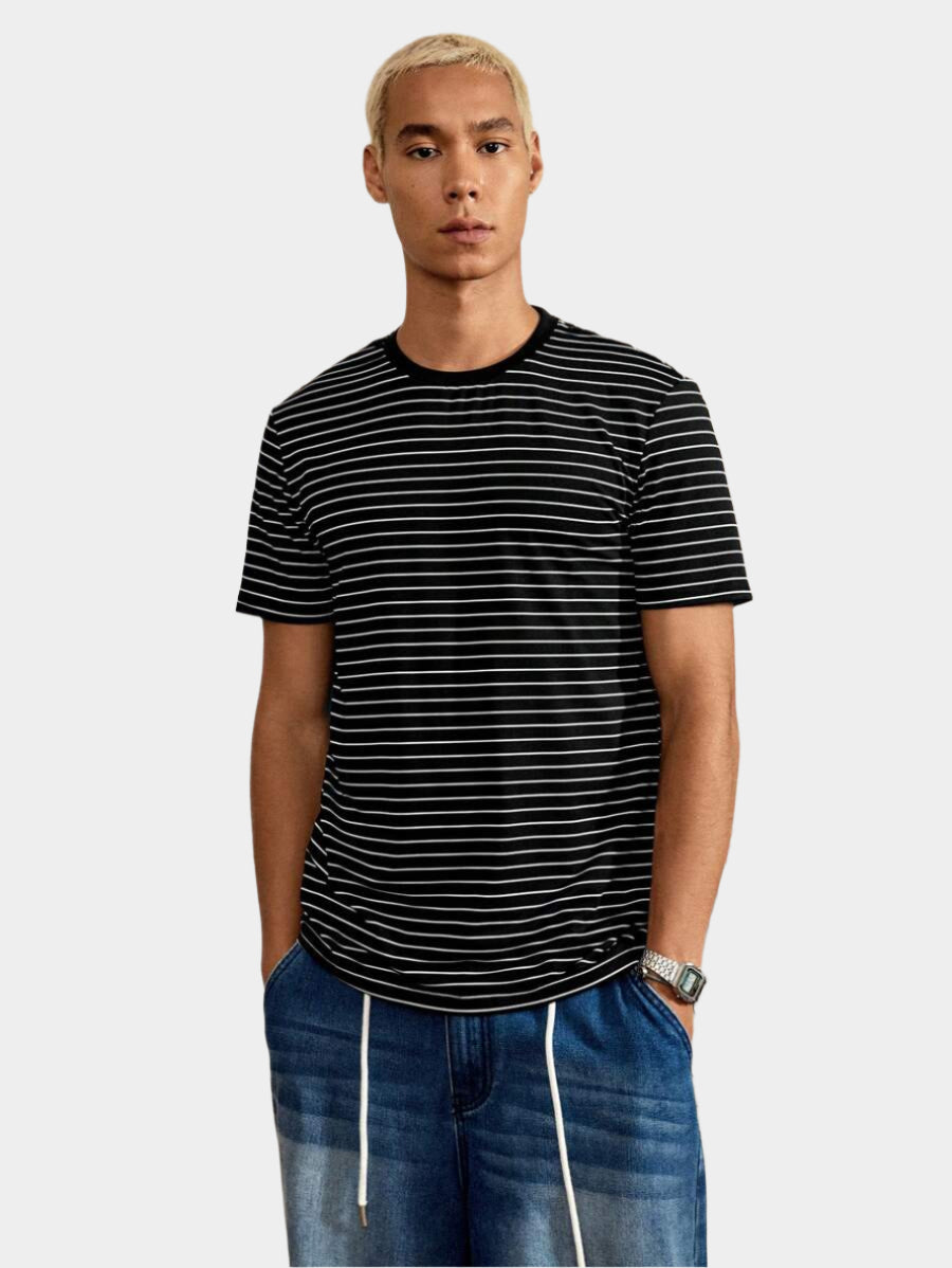 Chemise à col rond rayée tricotée manches courtes style casual