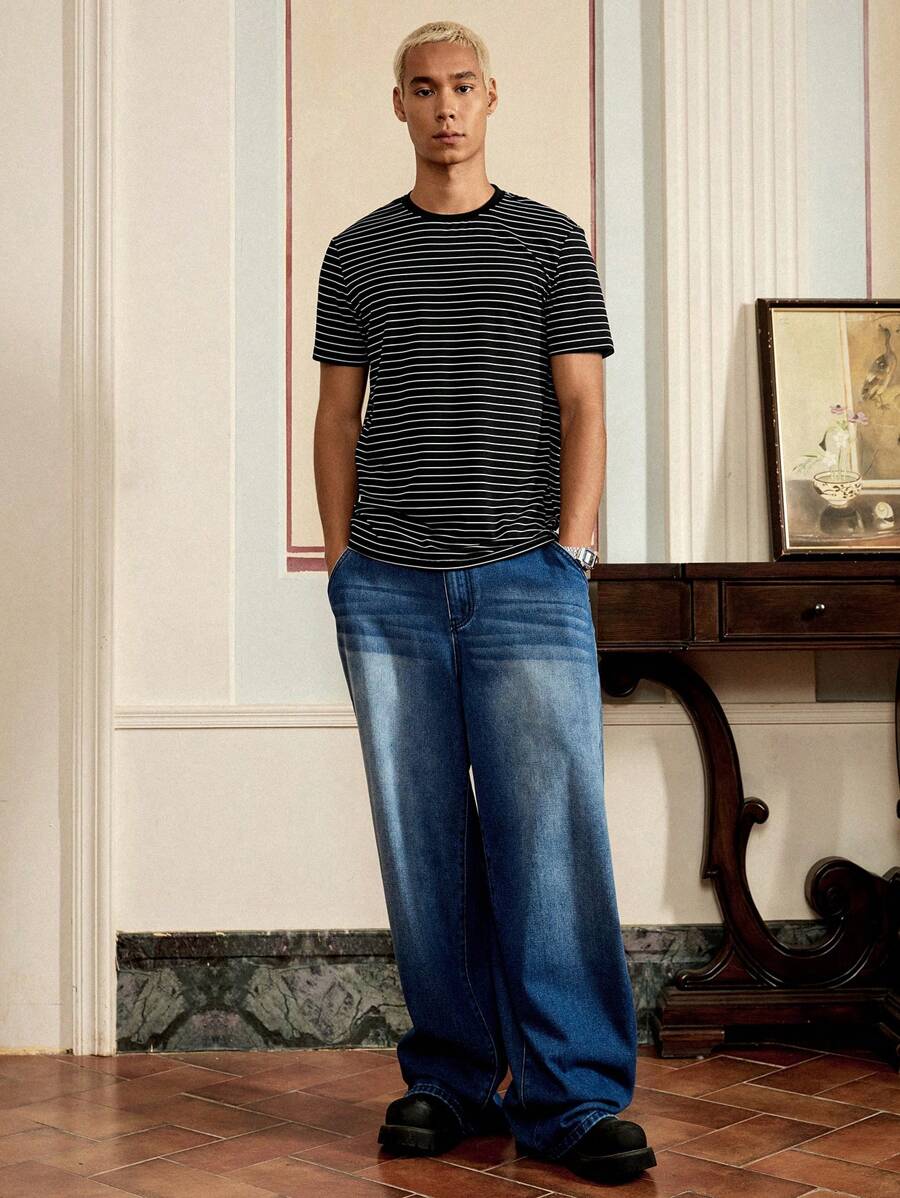 Chemise à col rond rayée tricotée manches courtes style casual