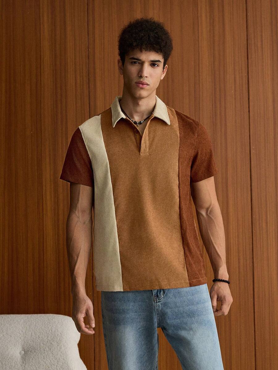 Polo décontracté à boutons et blocs de couleurs pour homme