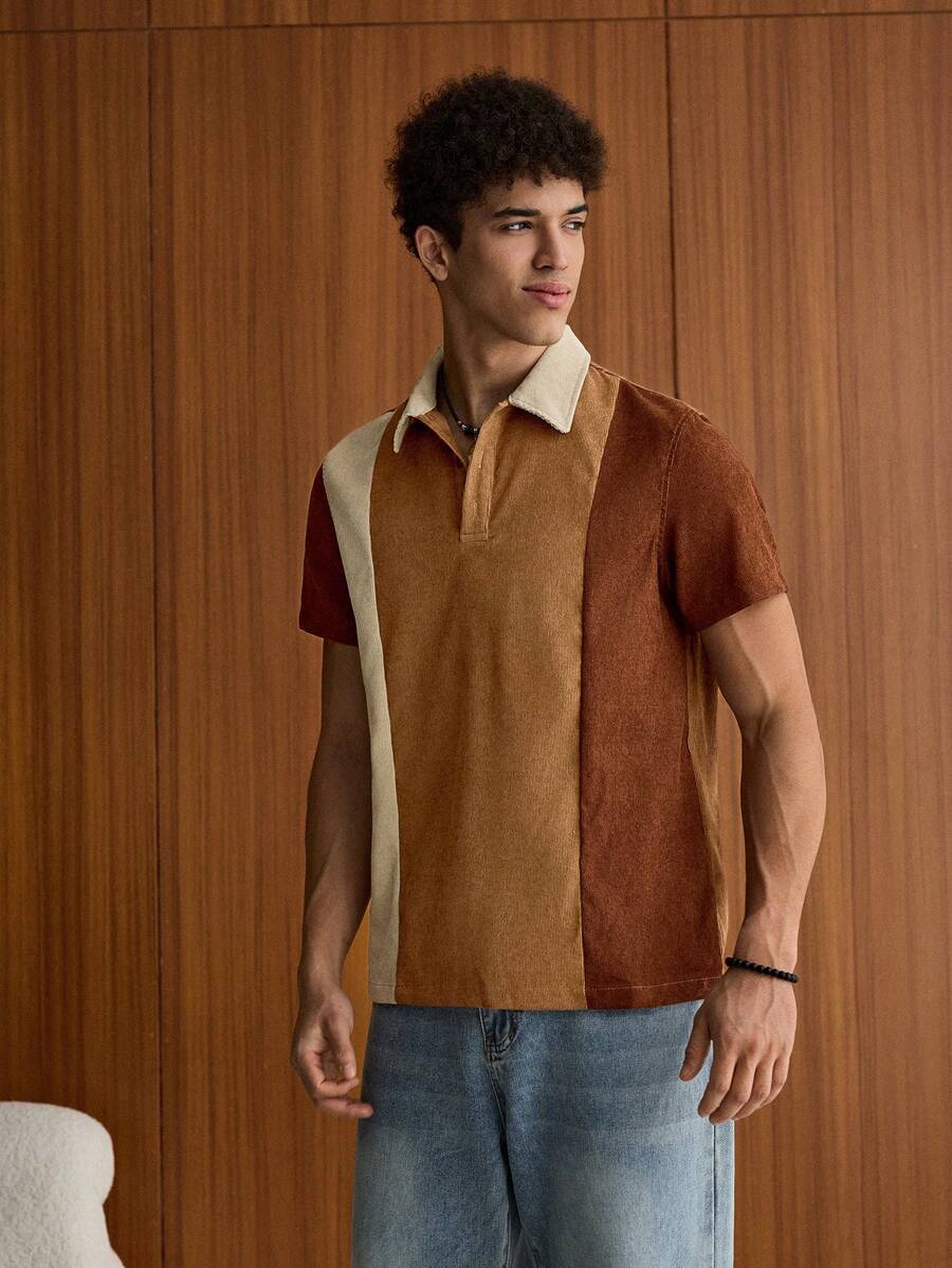 Polo décontracté à boutons et blocs de couleurs pour homme