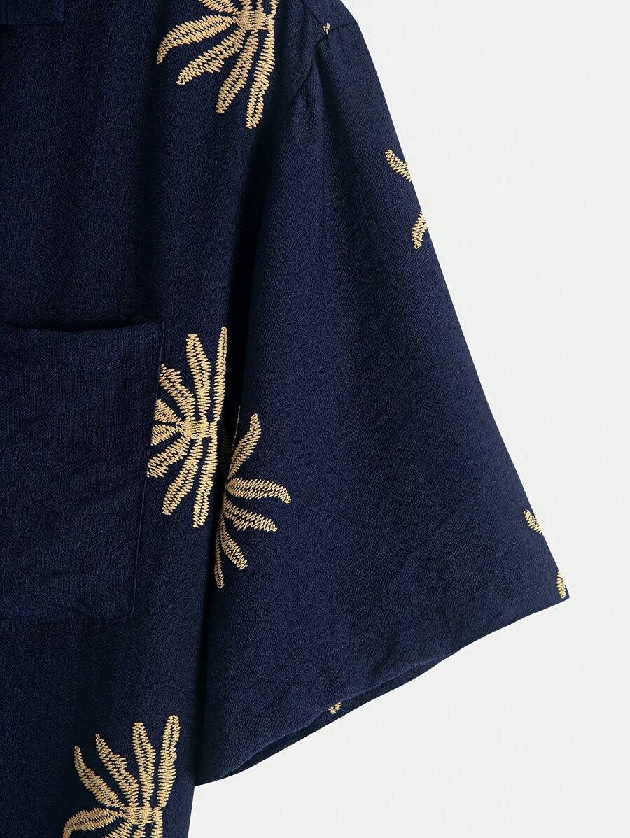 Chemise jacquard brodée tropicale pour homme - Manches chauve-souris légères