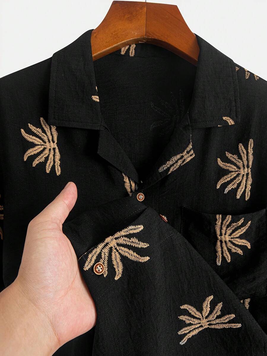 Chemise jacquard brodée tropicale pour homme - Manches chauve-souris légères