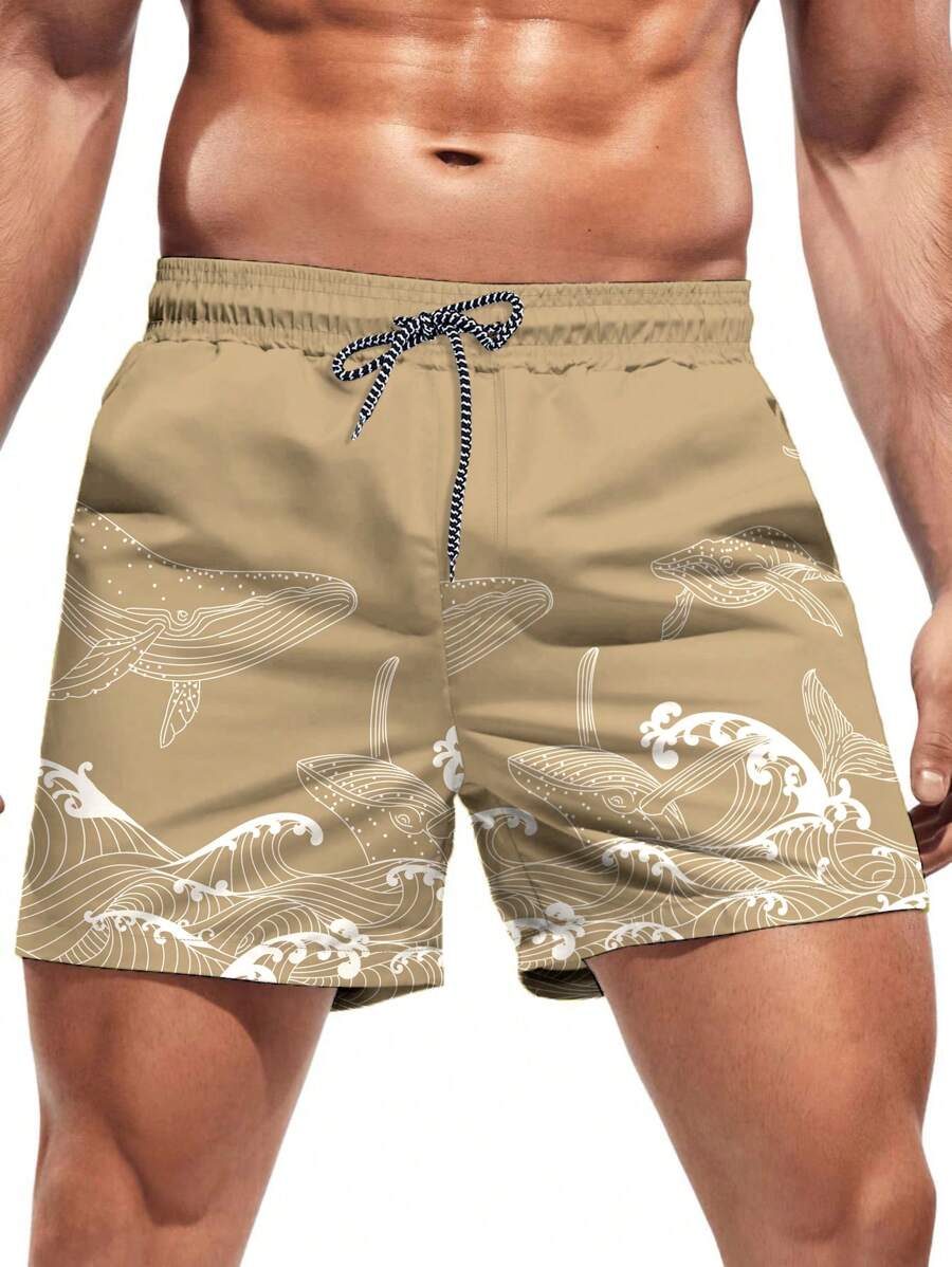 Short court imprimé vagues hawaïennes et baleines pour homme