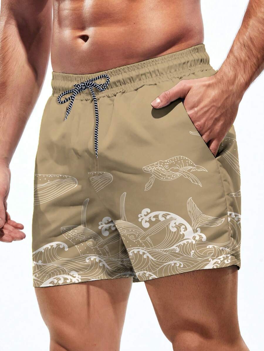 Short court imprimé vagues hawaïennes et baleines pour homme