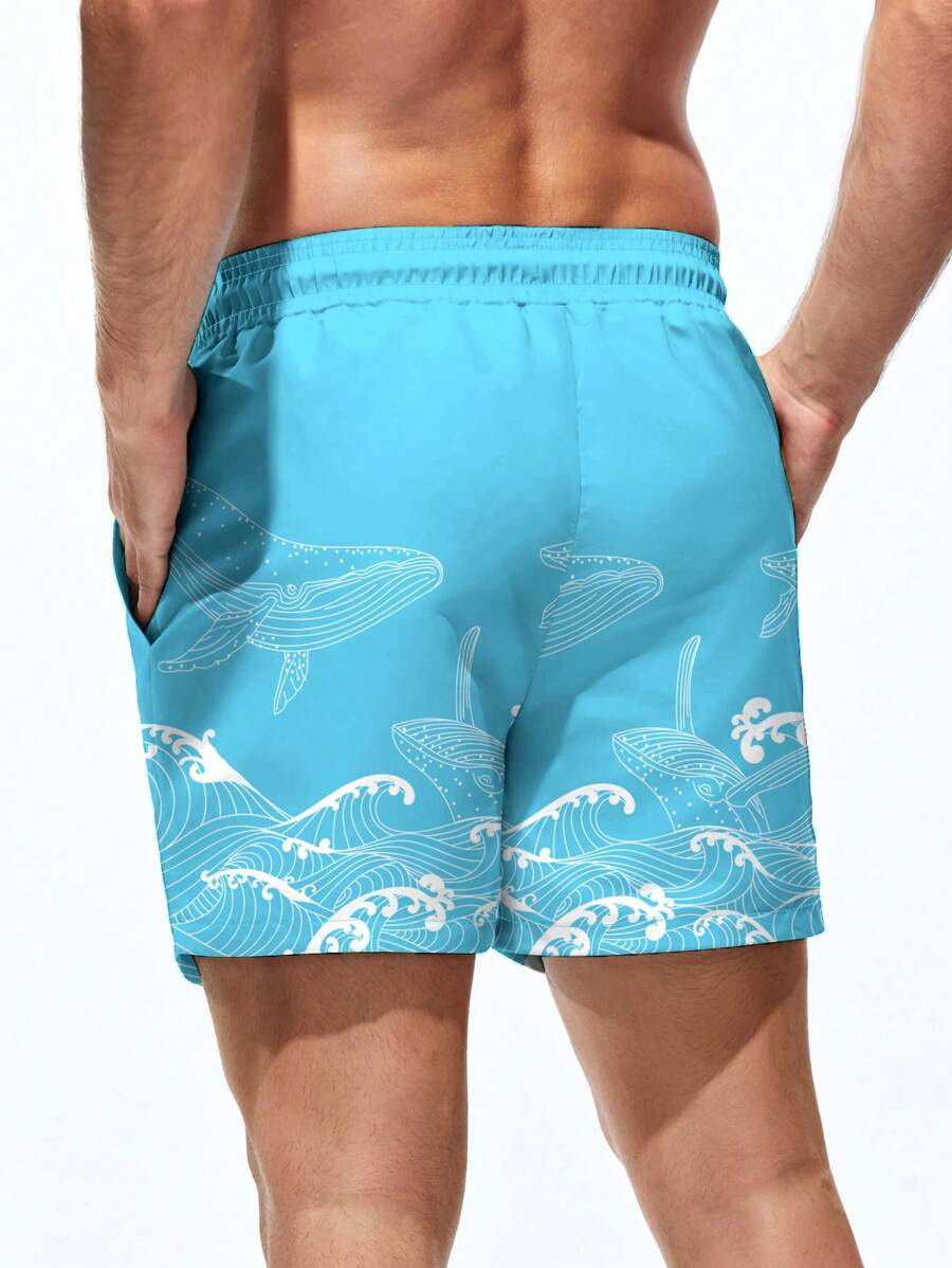Short court imprimé vagues hawaïennes et baleines pour homme
