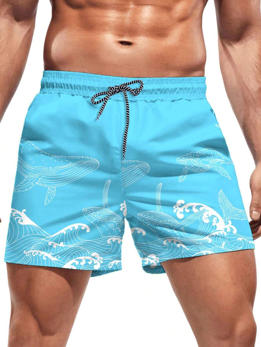 Short court imprimé vagues hawaïennes et baleines pour homme