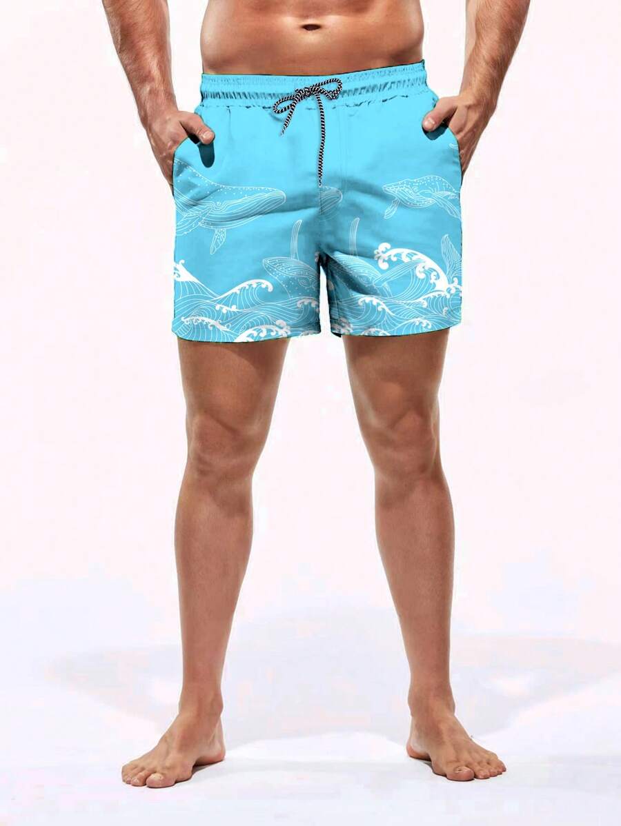 Short court imprimé vagues hawaïennes et baleines pour homme