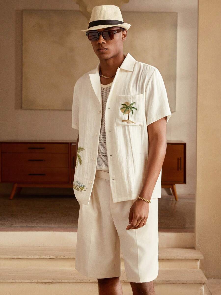 Chemise décontractée en lin brodée motif palmier pour homme – Vêtements de plage
