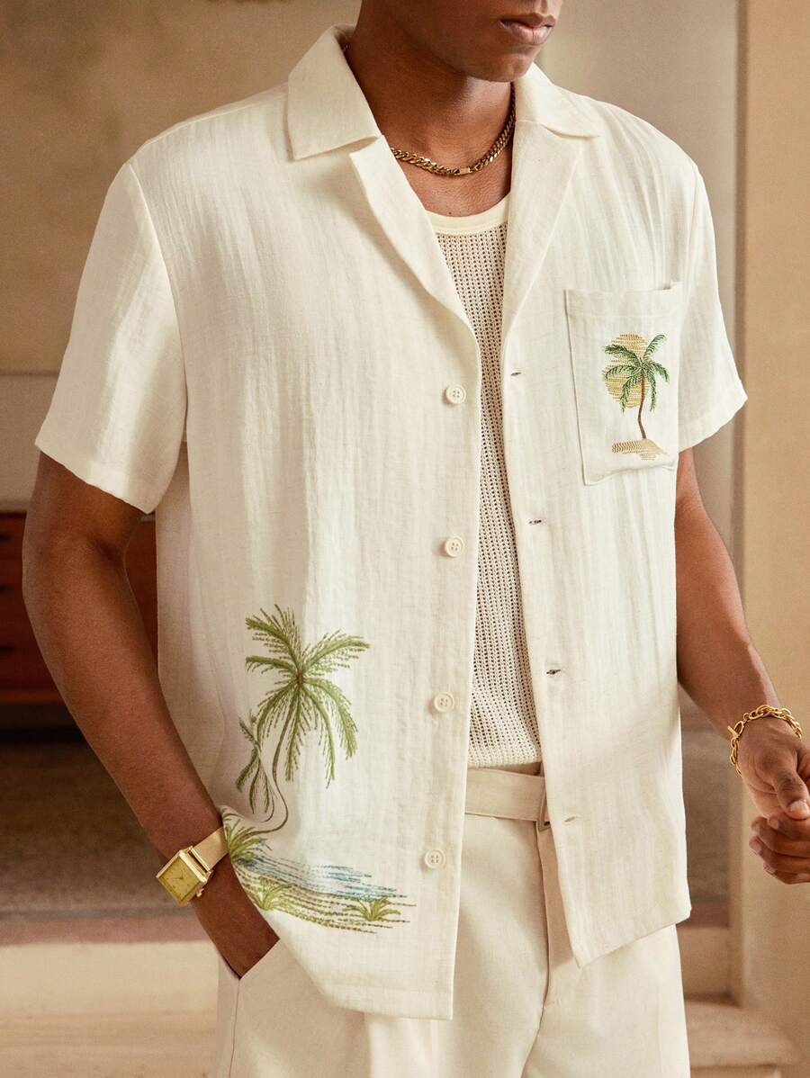 Chemise décontractée en lin brodée motif palmier pour homme – Vêtements de plage