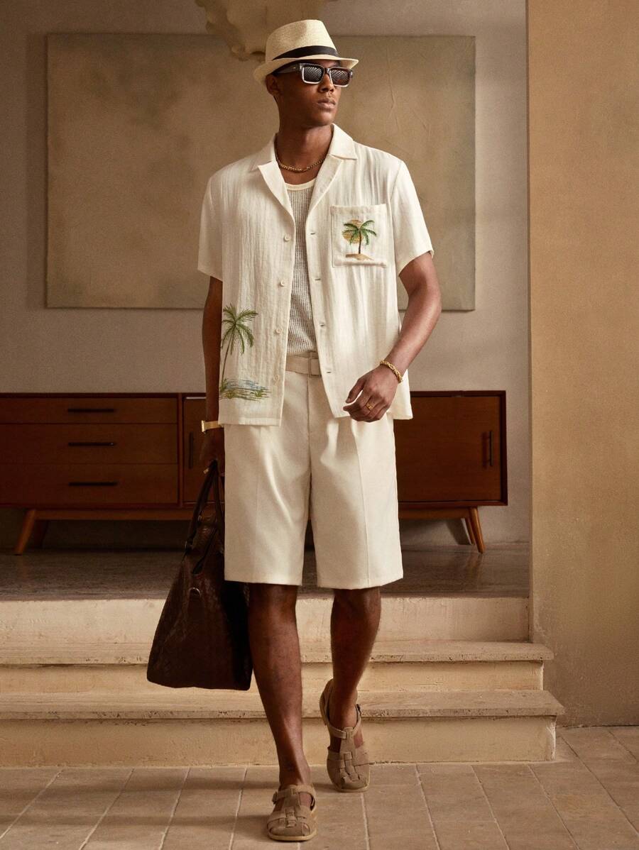 Chemise décontractée en lin brodée motif palmier pour homme – Vêtements de plage