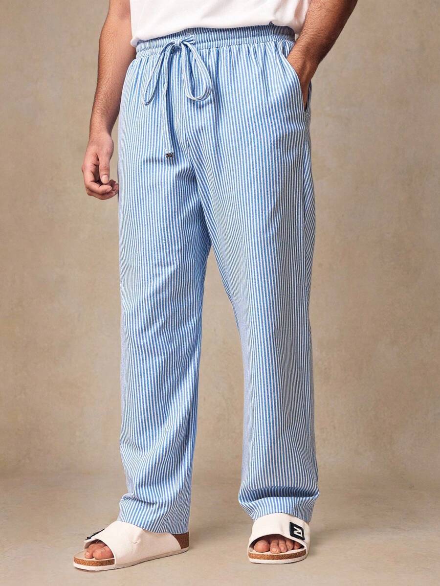 Pantalon de lin rayé avec cordon de serrage pour homme – Coupe décontractée