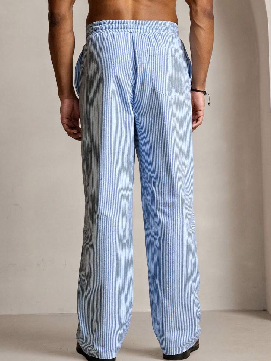 Pantalon de lin rayé avec cordon de serrage pour homme – Coupe décontractée