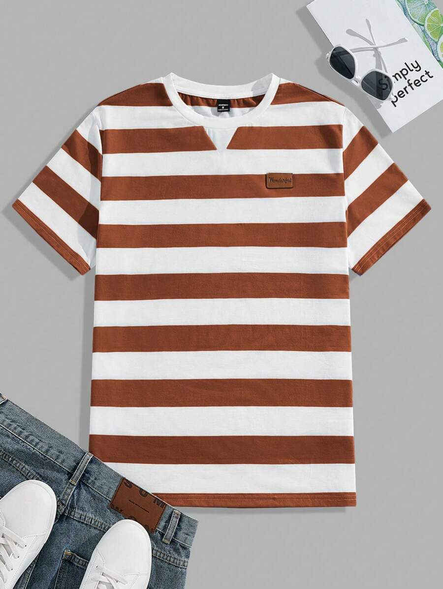 Chemise à col rond rayée à manches courtes style casual tendance