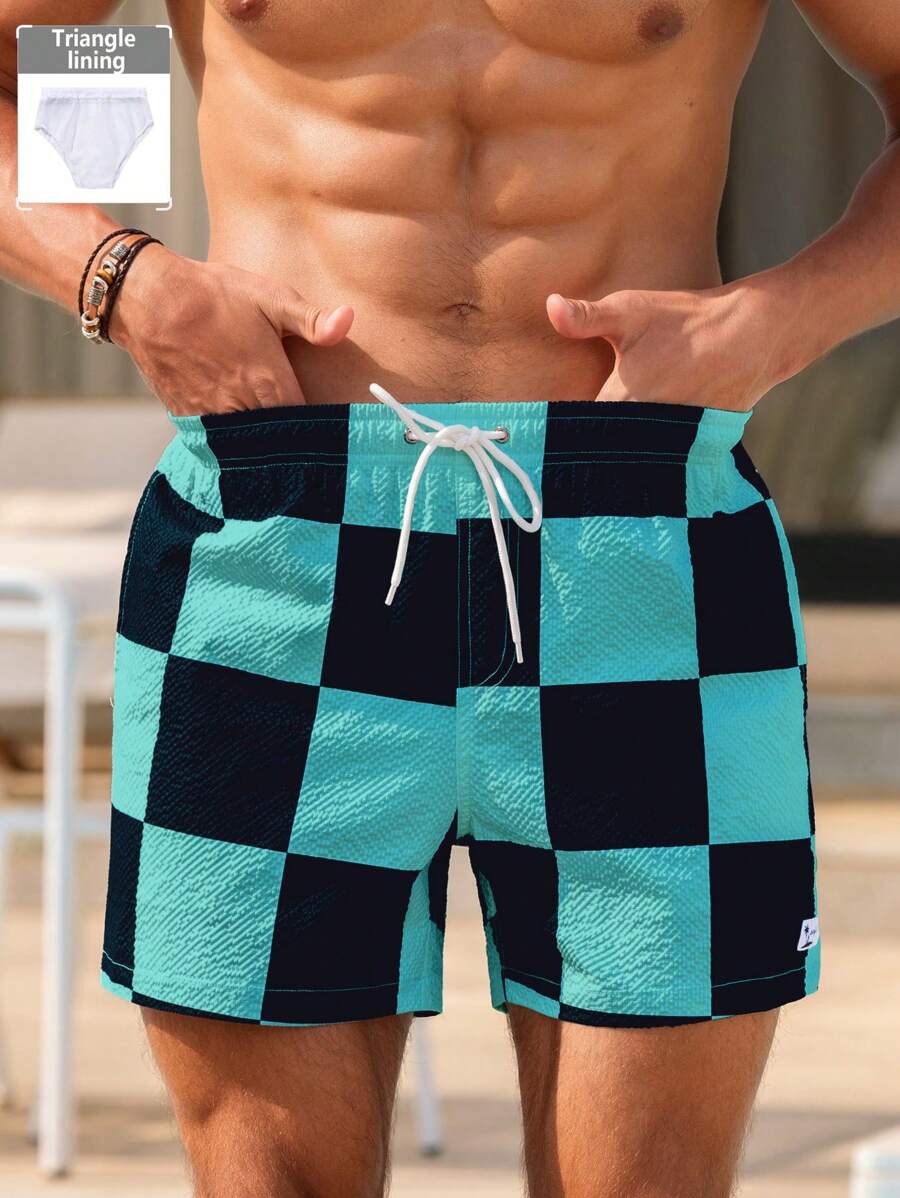 Short court imprimé damier avec cordon de serrage et taille élastique
