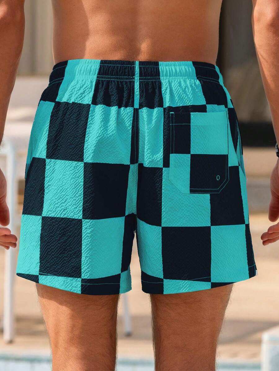 Short court imprimé damier avec cordon de serrage et taille élastique