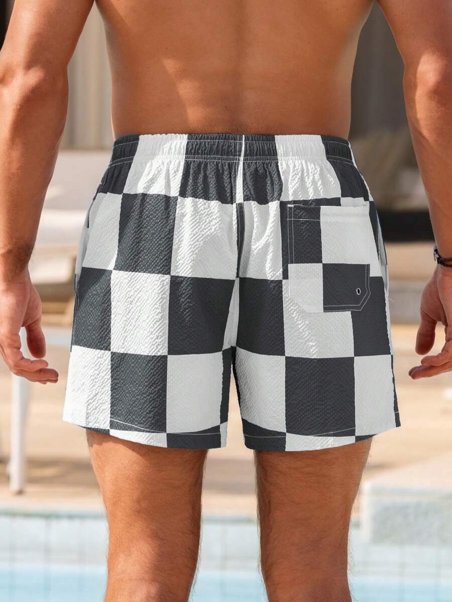 Short court imprimé damier avec cordon de serrage et taille élastique