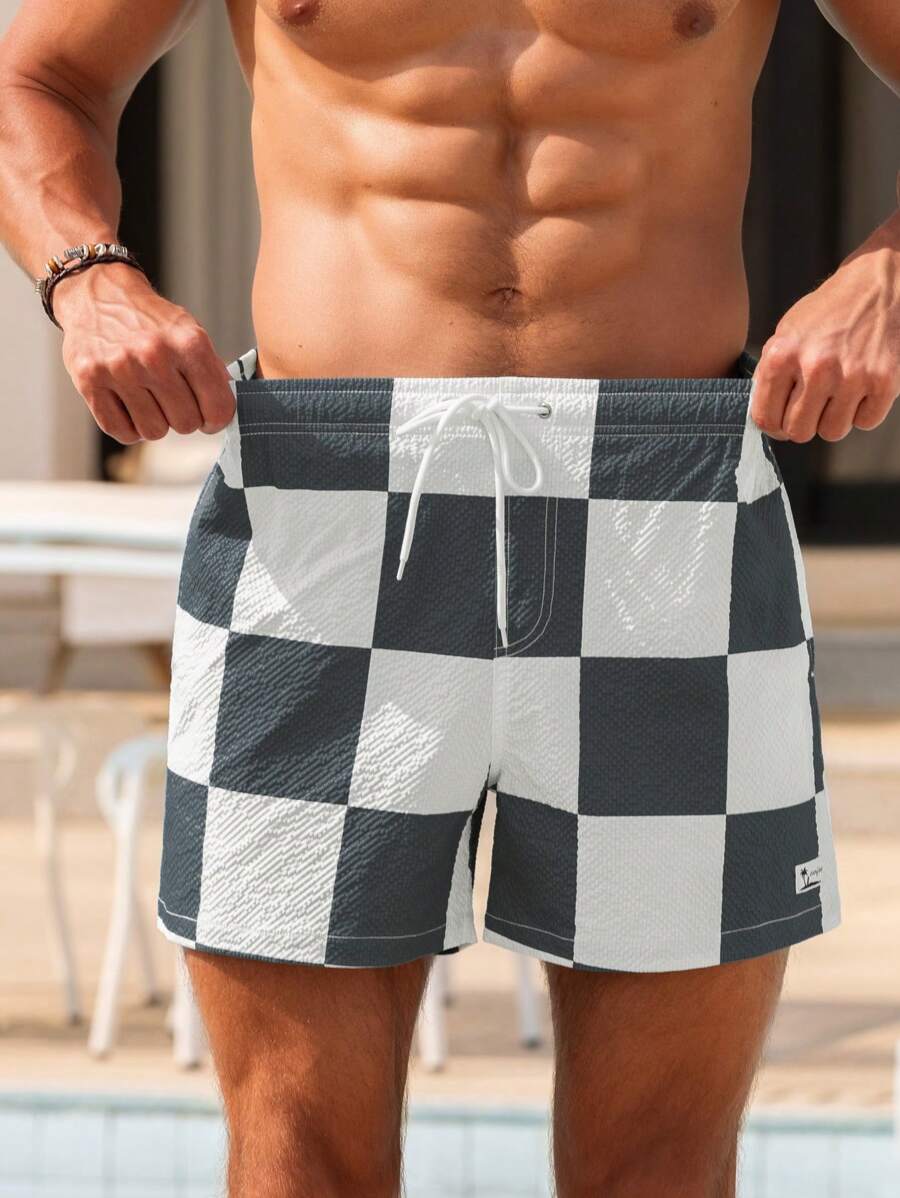 Short court imprimé damier avec cordon de serrage et taille élastique