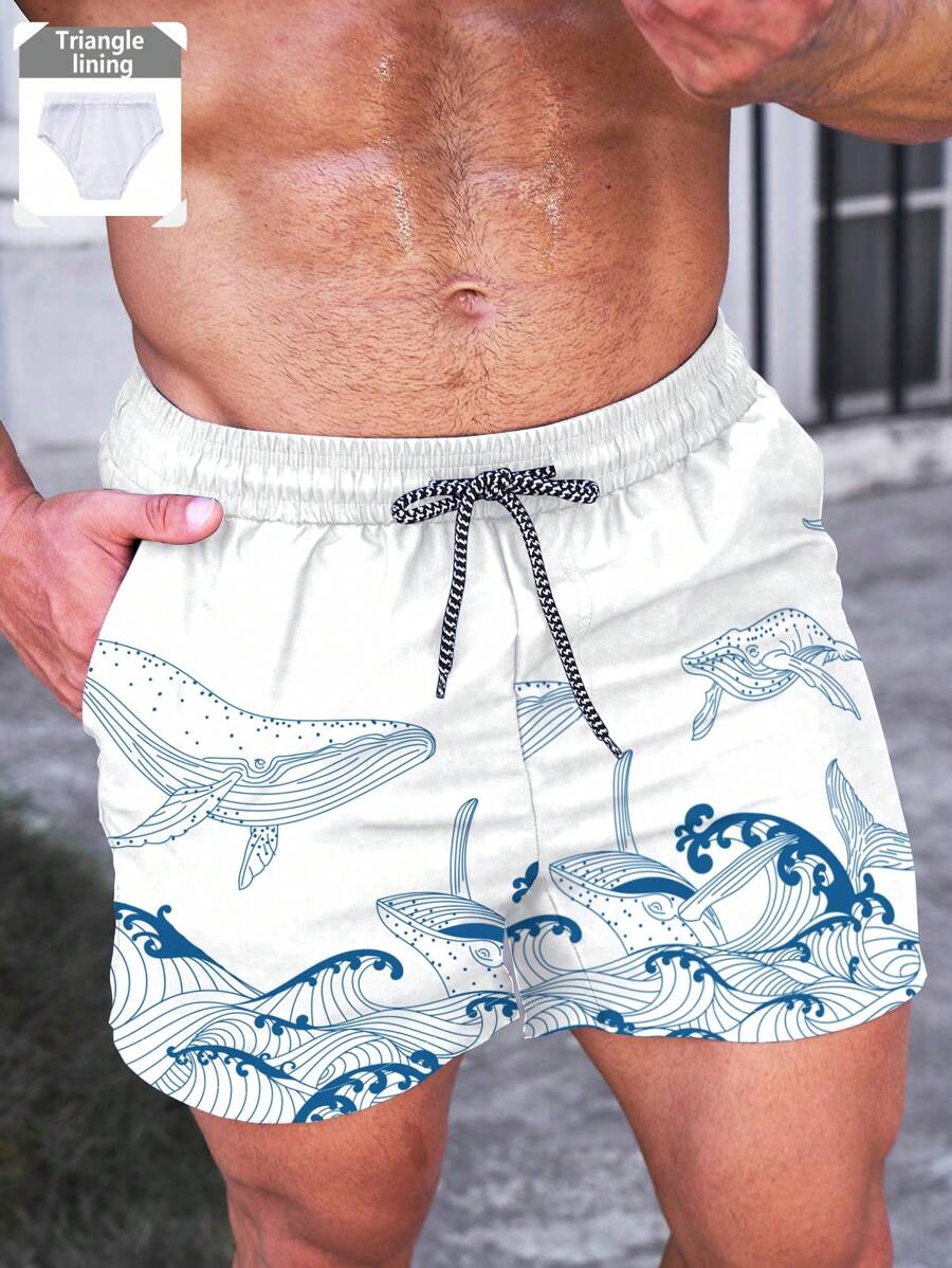 Short court imprimé vagues hawaïennes et baleines pour homme