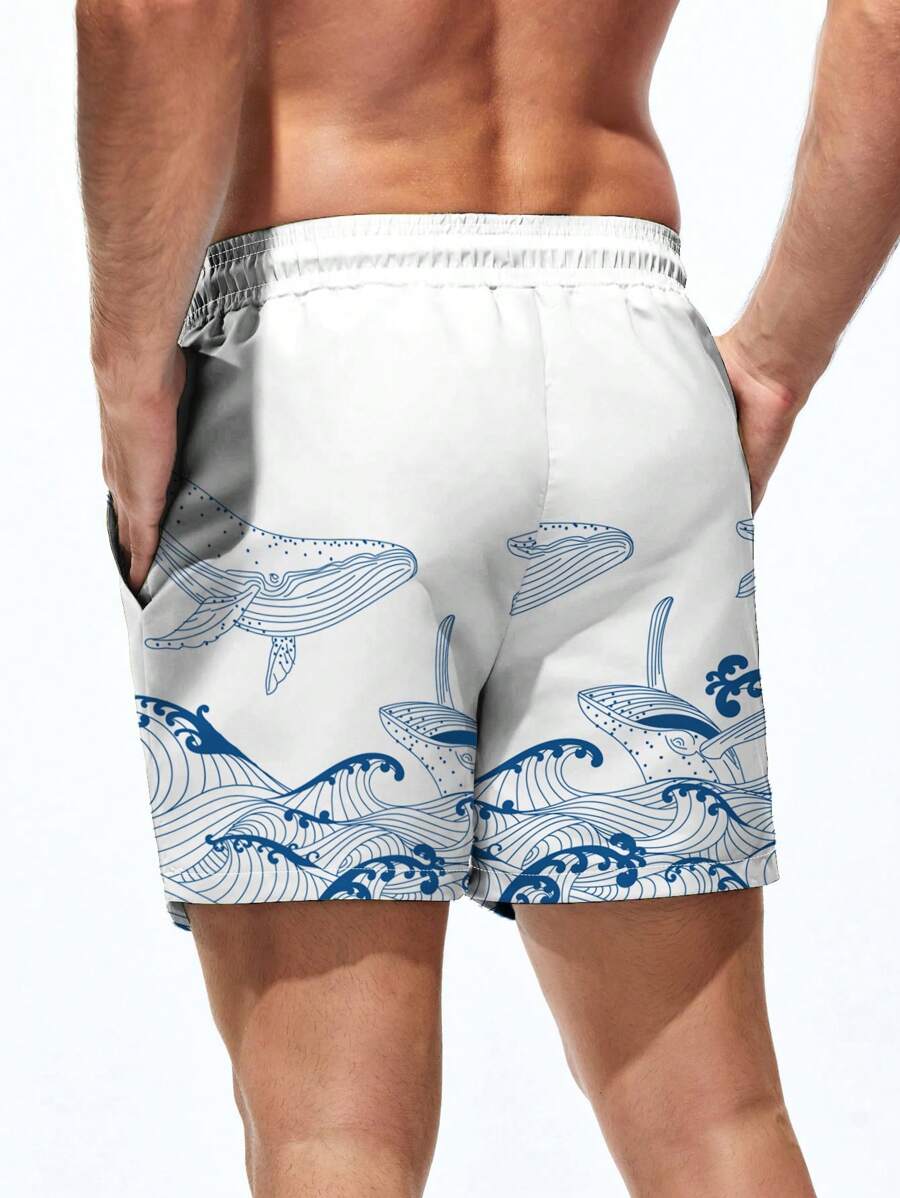 Short court imprimé vagues hawaïennes et baleines pour homme