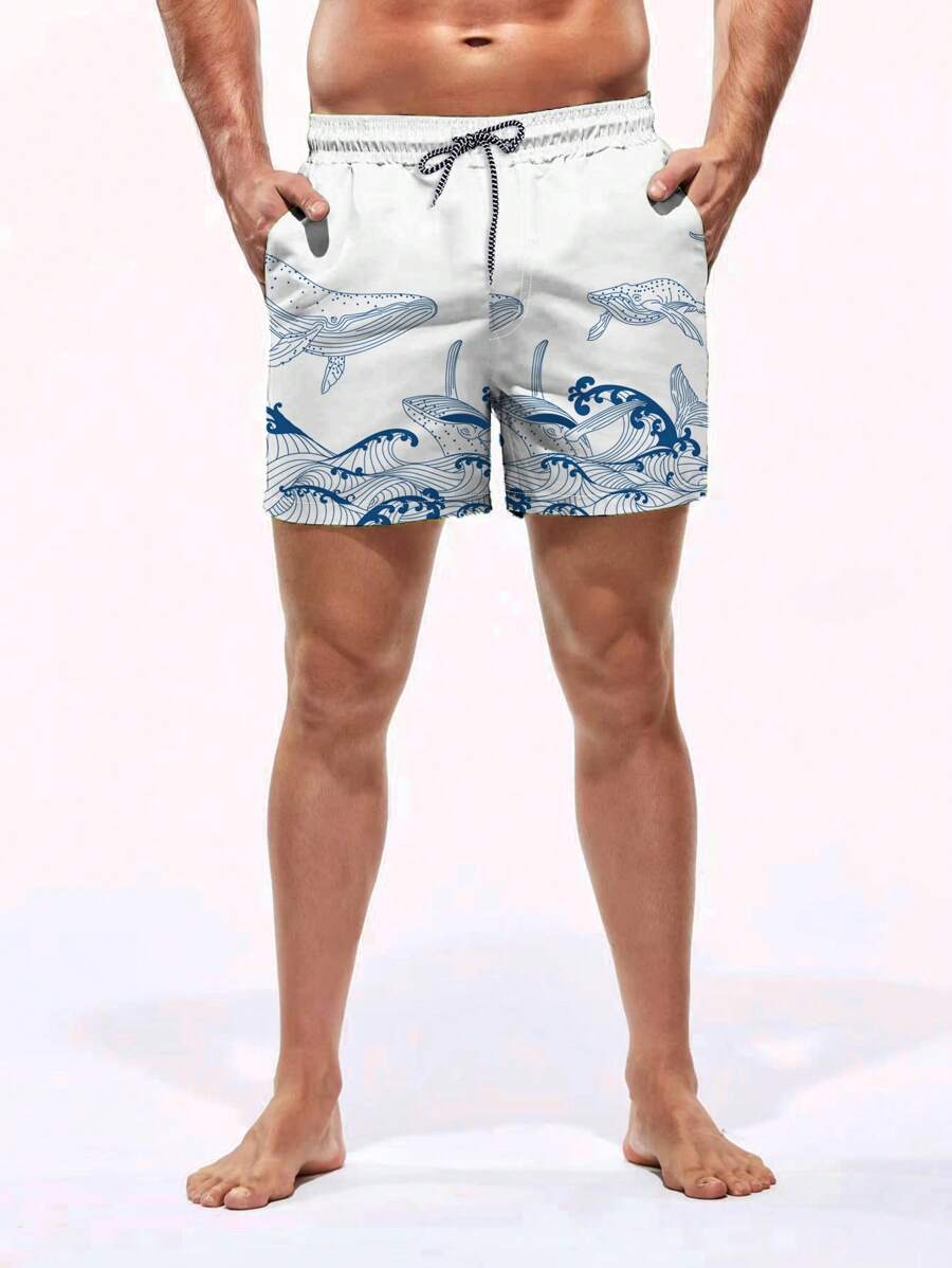 Short court imprimé vagues hawaïennes et baleines pour homme