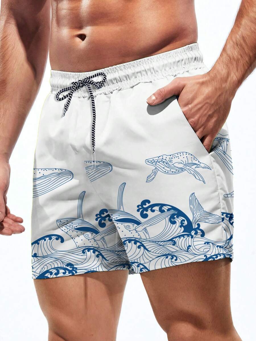 Short court imprimé vagues hawaïennes et baleines pour homme