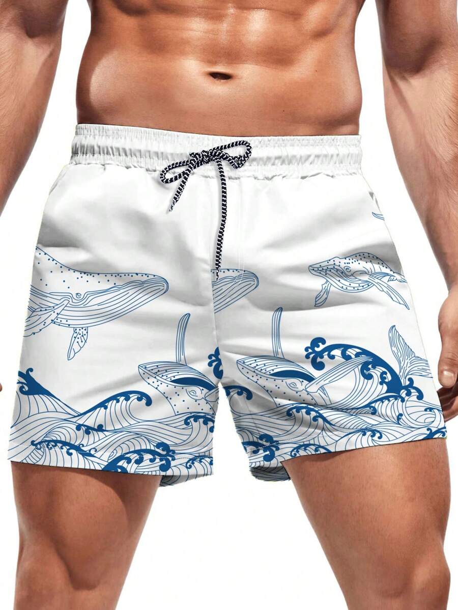 Short court imprimé vagues hawaïennes et baleines pour homme