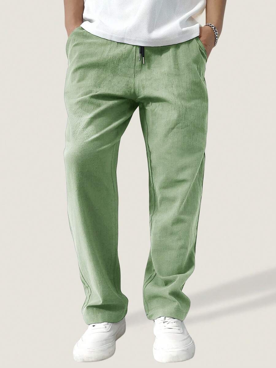 Pantalon de lin avec cordon de serrage pour homme – Pantalon ample coupe droite