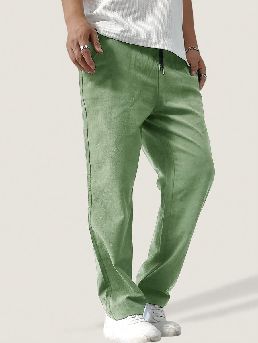 Pantalon de lin avec cordon de serrage pour homme – Pantalon ample coupe droite