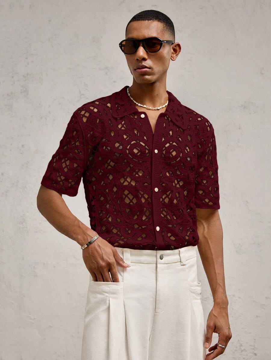 Chemises boutonnées décontractées d'été au crochet pour hommes