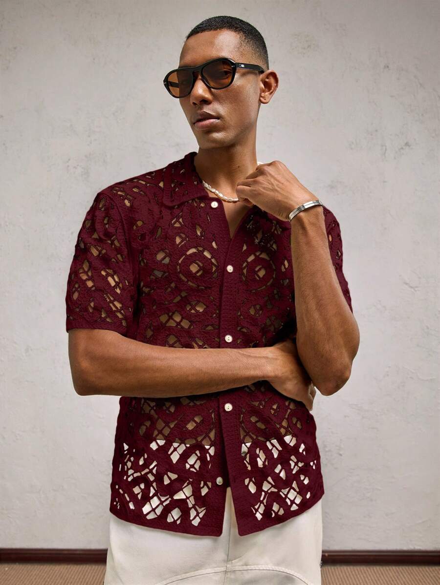 Chemises boutonnées décontractées d'été au crochet pour hommes