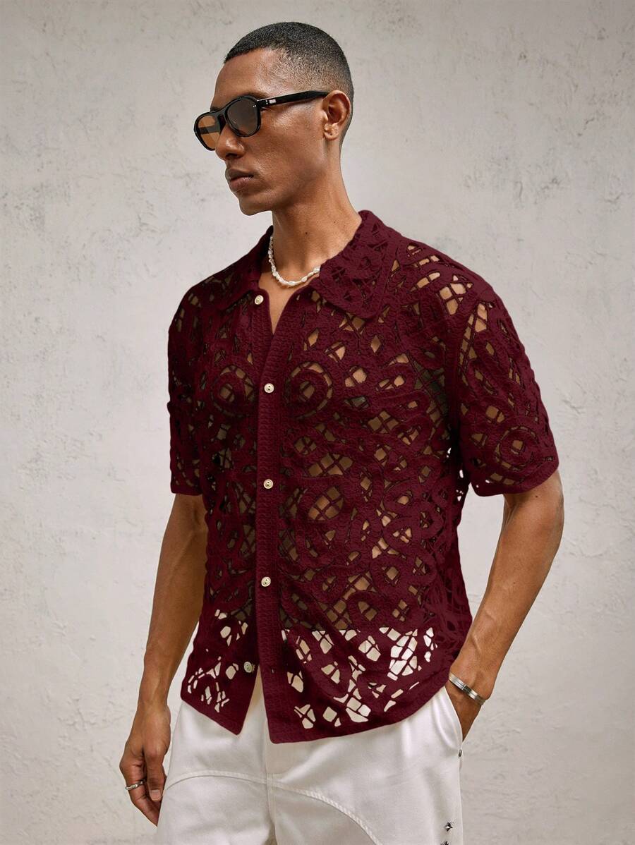 Chemises boutonnées décontractées d'été au crochet pour hommes