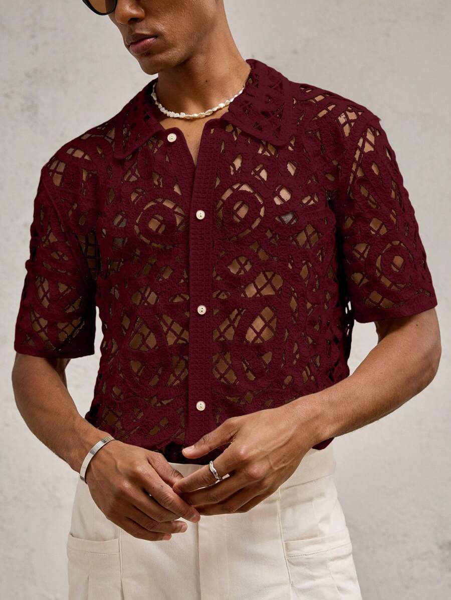 Chemises boutonnées décontractées d'été au crochet pour hommes