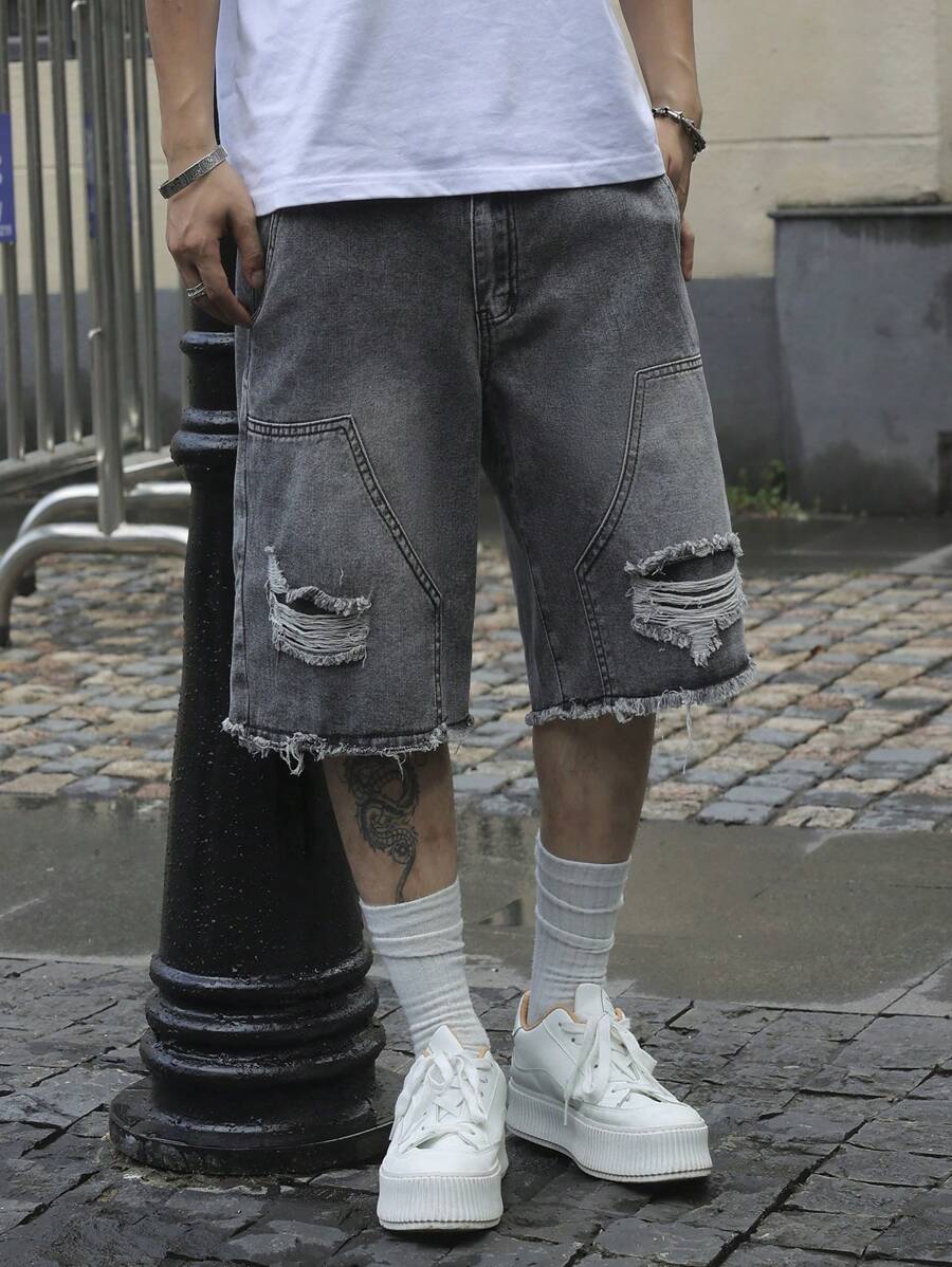 Jorts denim à franges effet usé streetwear casual tendance pour homme