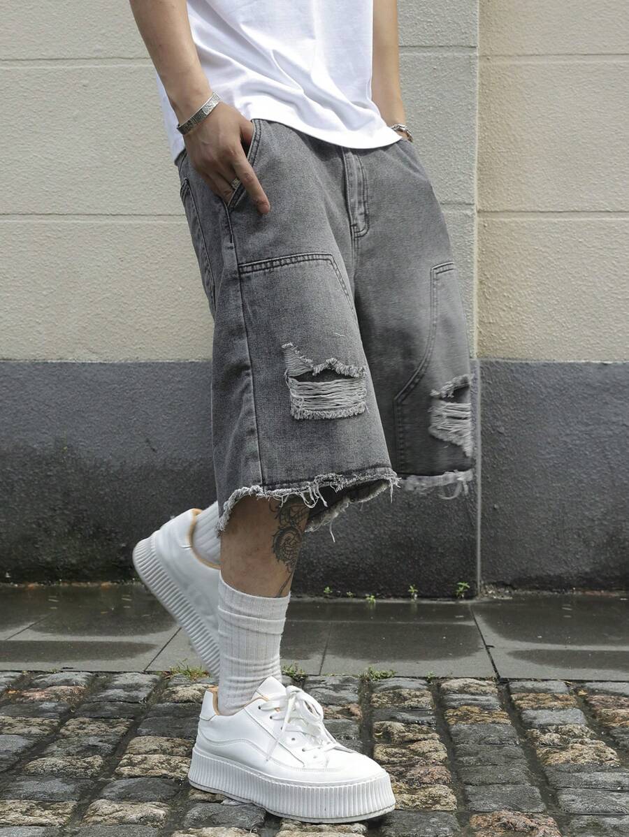 Jorts denim à franges effet usé streetwear casual tendance pour homme