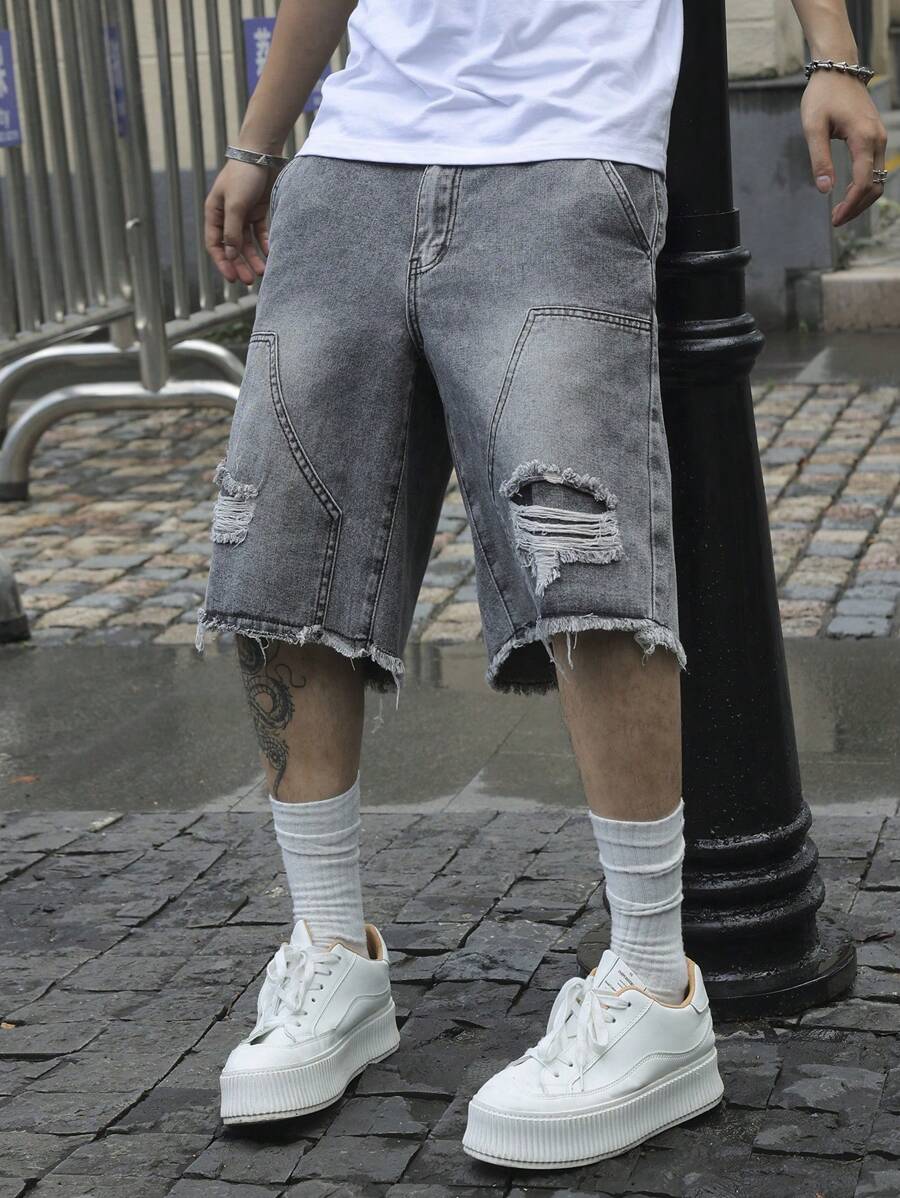 Jorts denim à franges effet usé streetwear casual tendance pour homme