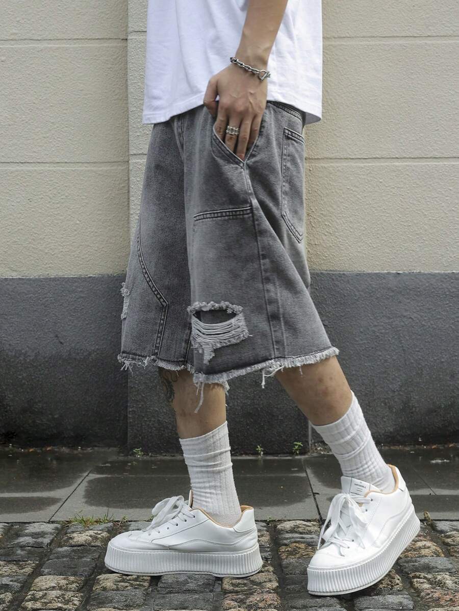 Jorts denim à franges effet usé streetwear casual tendance pour homme
