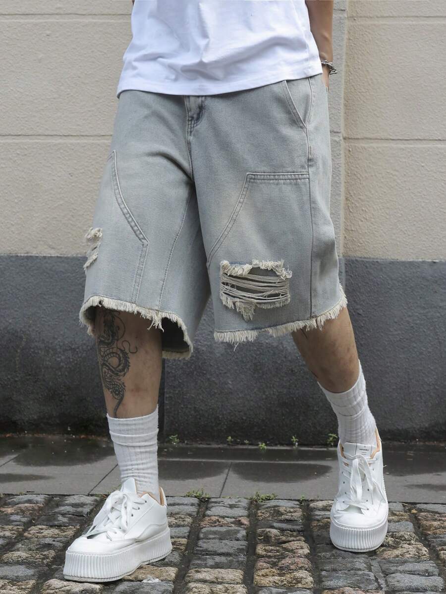Jorts denim à franges effet usé streetwear casual tendance pour homme