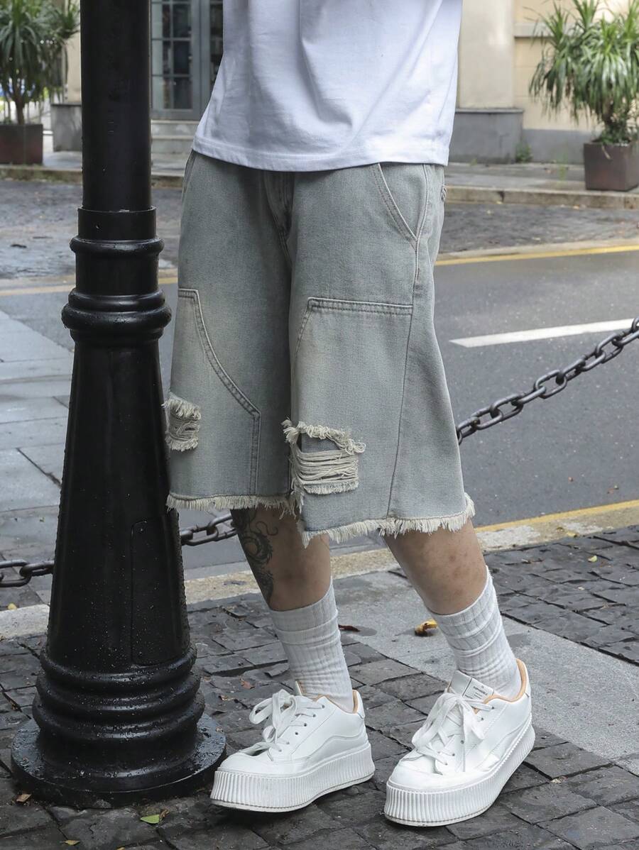 Jorts denim à franges effet usé streetwear casual tendance pour homme