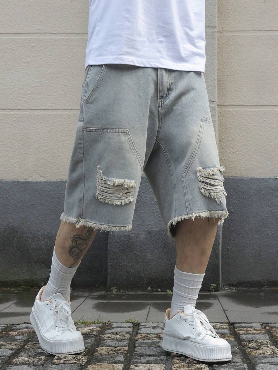 Jorts denim à franges effet usé streetwear casual tendance pour homme