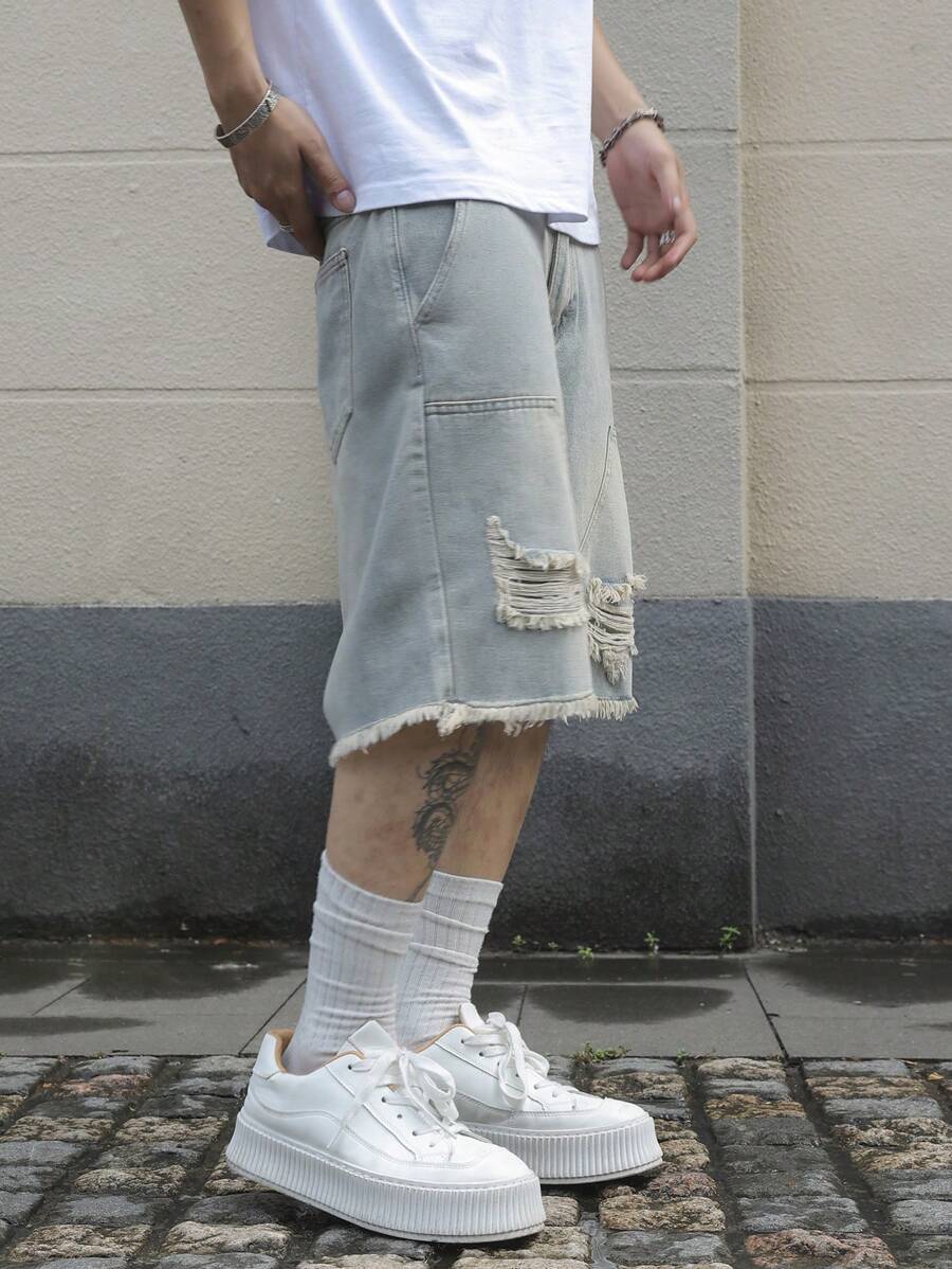 Jorts denim à franges effet usé streetwear casual tendance pour homme