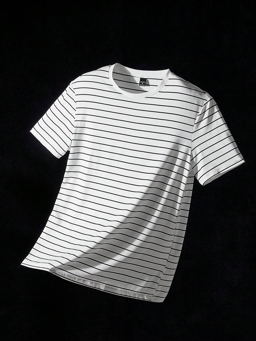 Chemise à col rond rayée tricotée manches courtes style casual