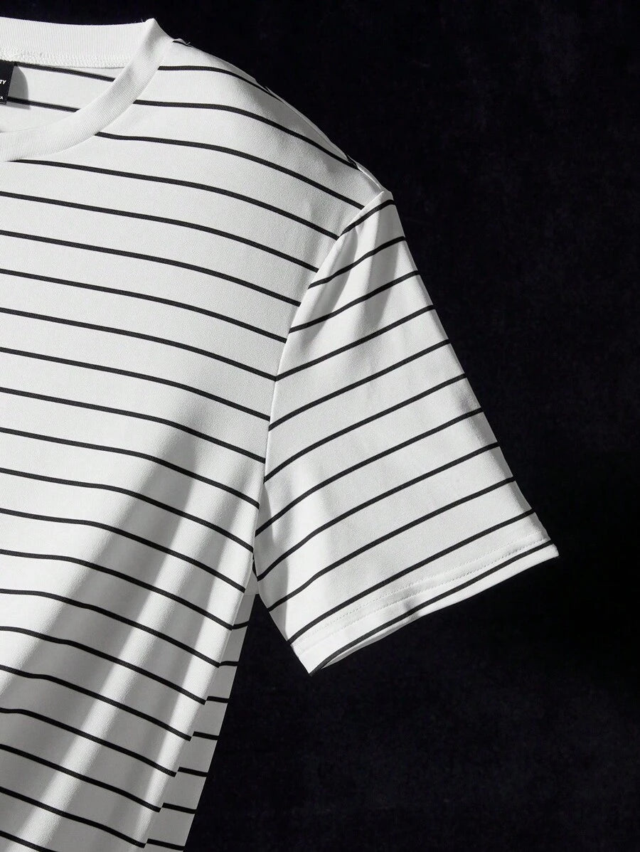 Chemise à col rond rayée tricotée manches courtes style casual