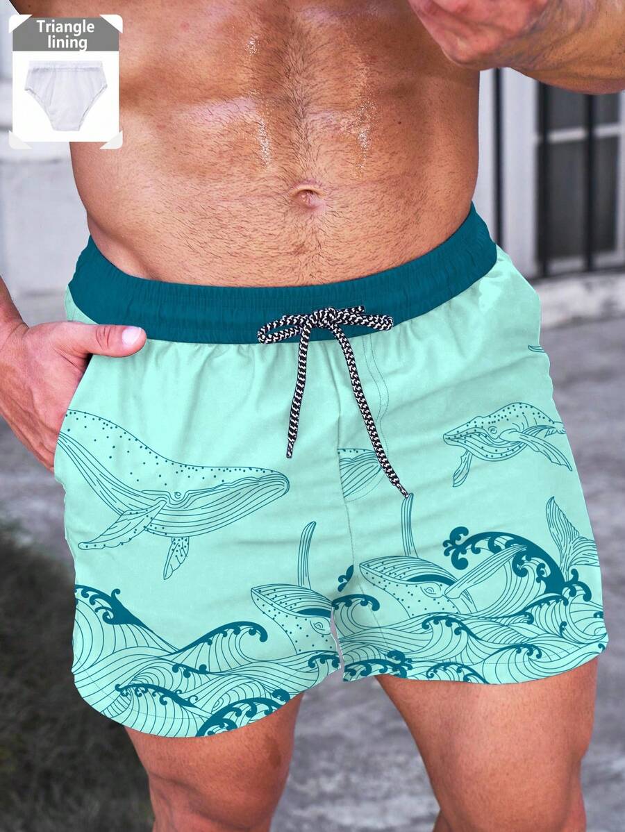 Short court imprimé vagues hawaïennes et baleines pour homme