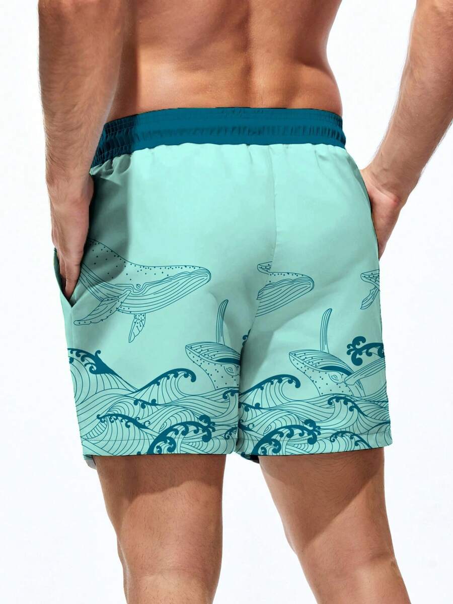 Short court imprimé vagues hawaïennes et baleines pour homme