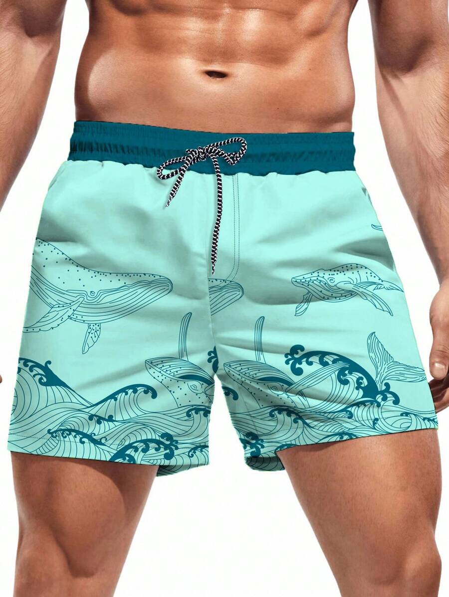 Short court imprimé vagues hawaïennes et baleines pour homme