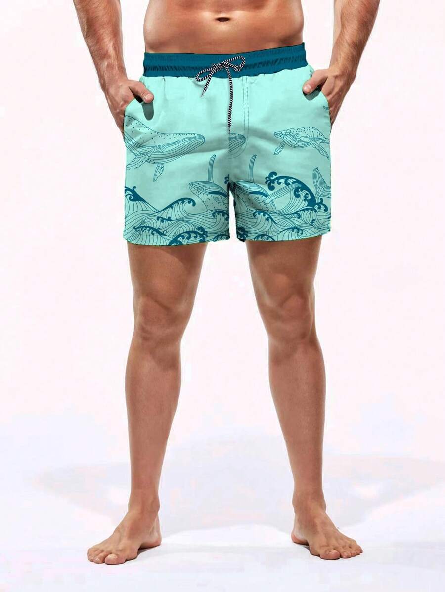 Short court imprimé vagues hawaïennes et baleines pour homme