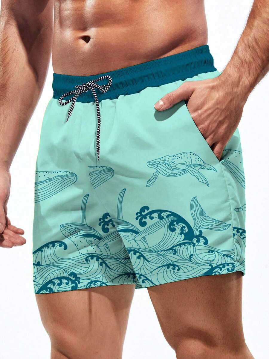 Short court imprimé vagues hawaïennes et baleines pour homme