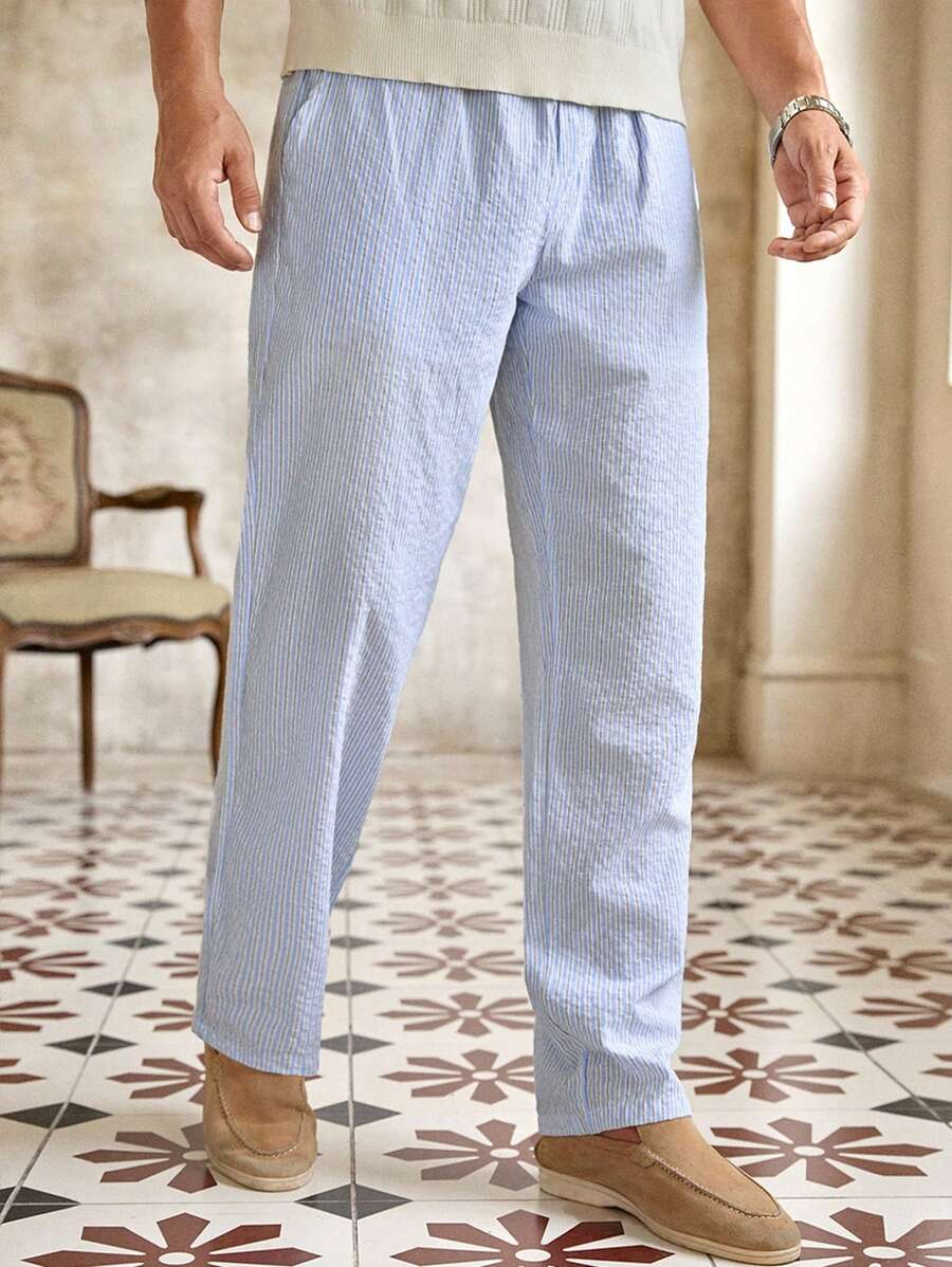 Pantalon de lin rayé avec cordon de serrage pour homme – Coupe décontractée