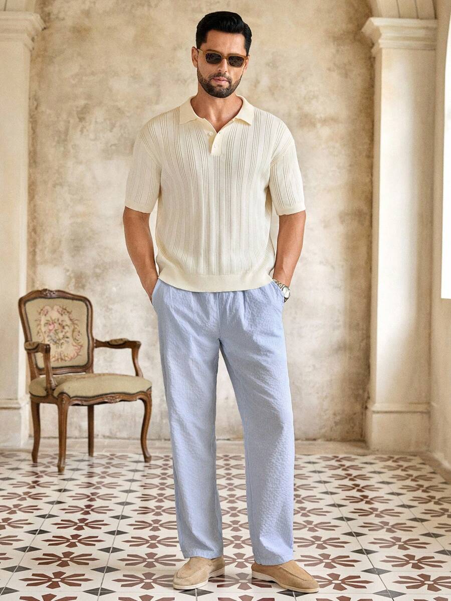 Pantalon de lin rayé avec cordon de serrage pour homme – Coupe décontractée