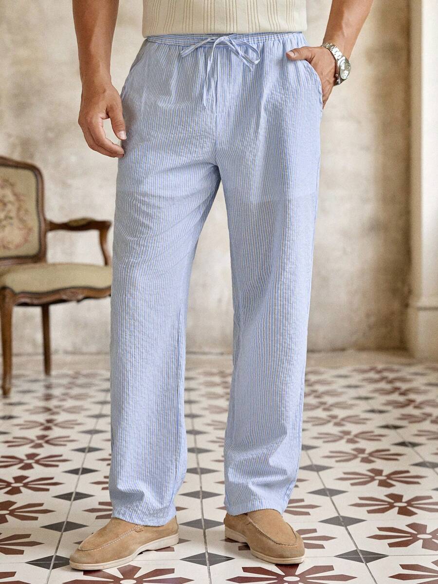 Pantalon de lin rayé avec cordon de serrage pour homme – Coupe décontractée